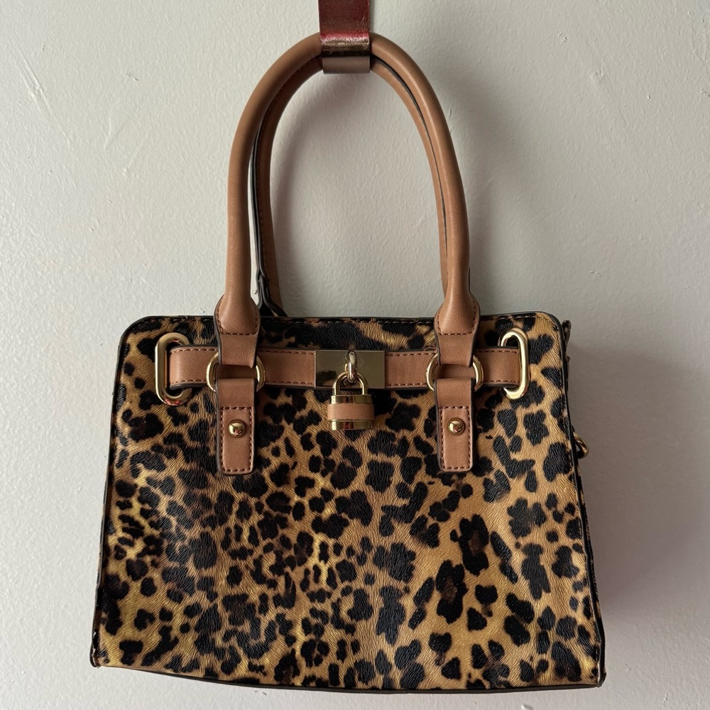 Charming Charlie Leopard Print Mini Satchel with Tan Handles